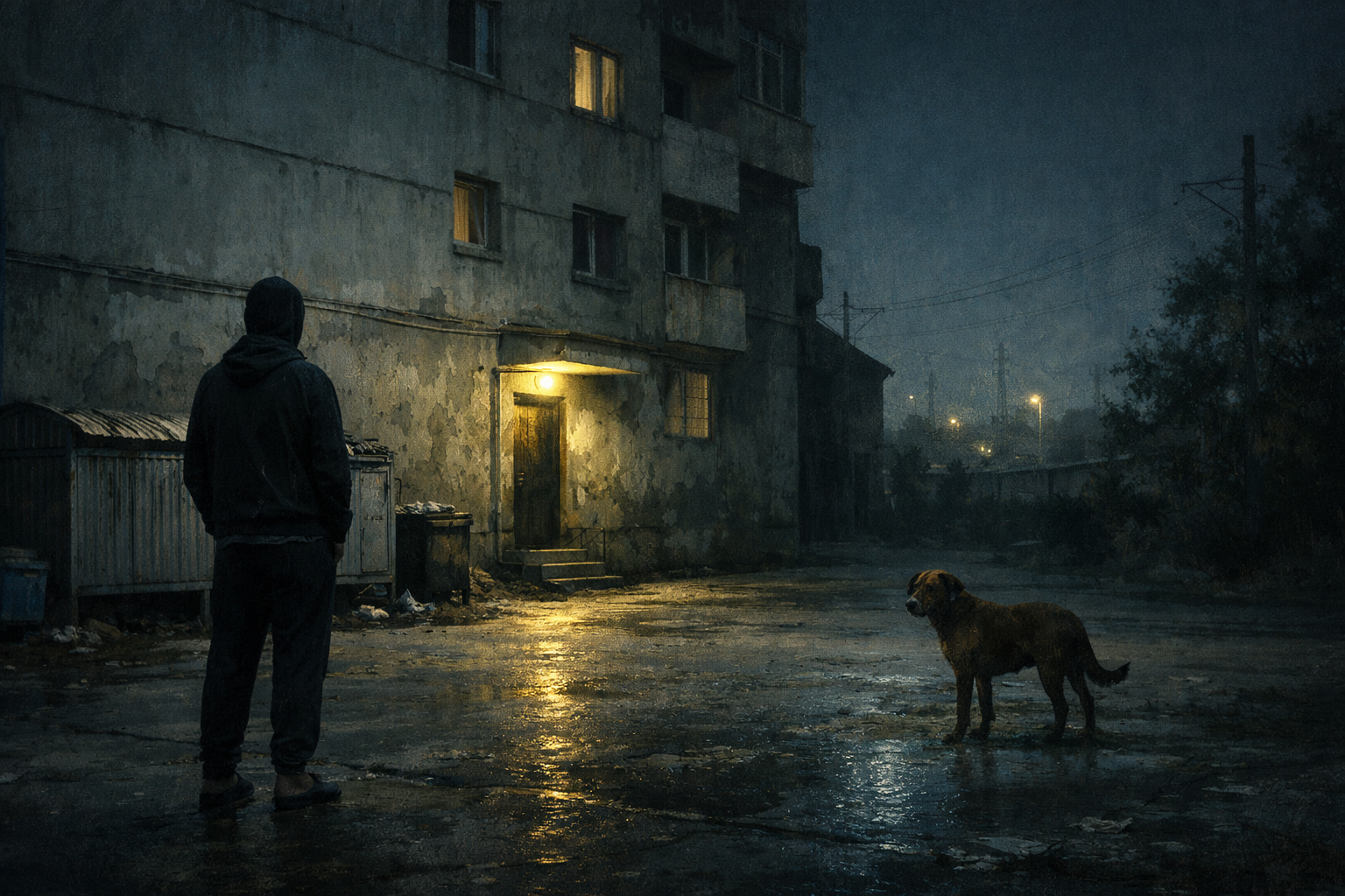Spatele unui bloc din Giurgiu noaptea, siluetă și câine comunitar.