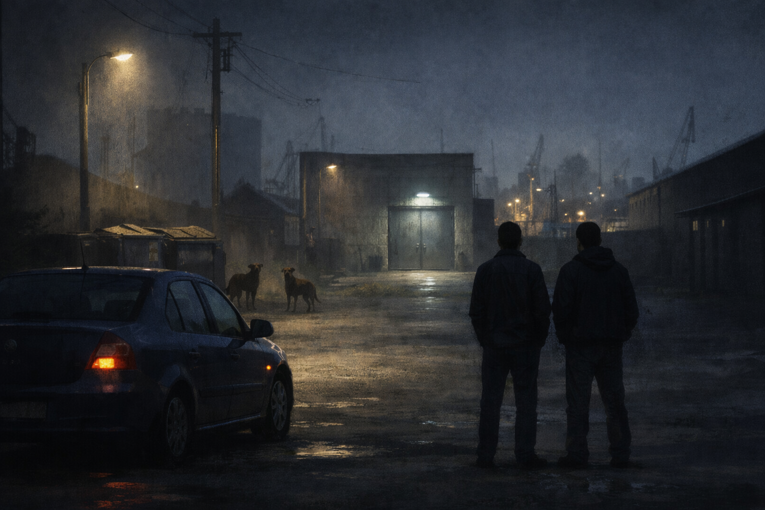 Urmărire noaptea pe Șoseaua Portului din Giurgiu, lângă șantierul naval, doi bărbați lângă un Logan și o ușă metalică industrială iluminată slab