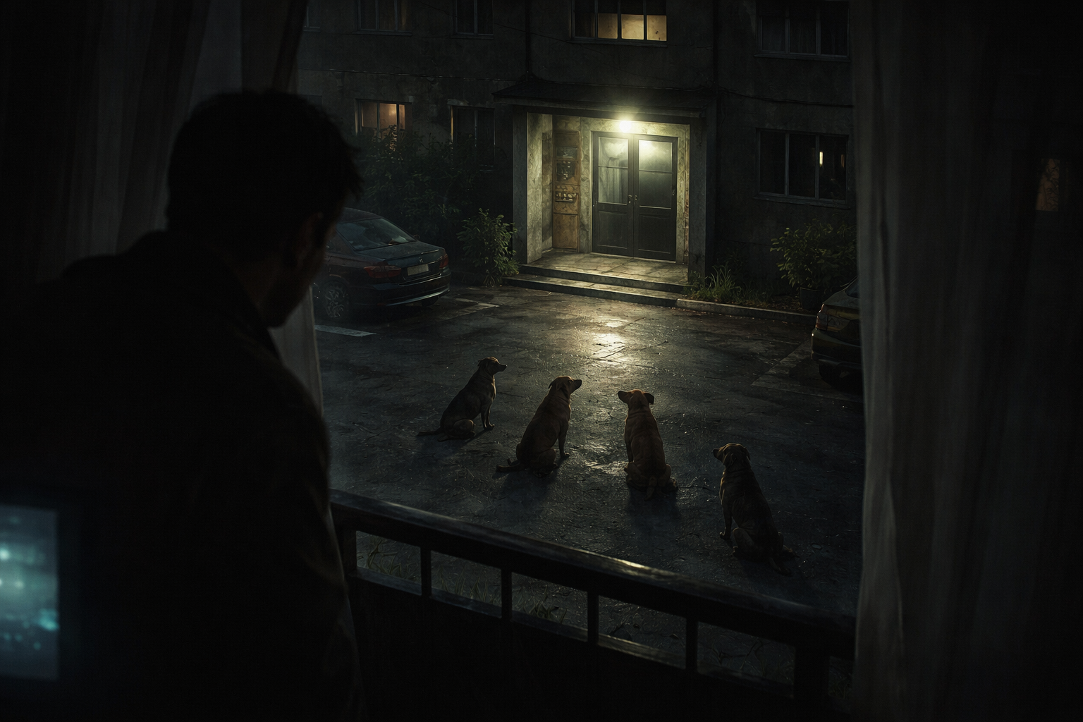 Ilustrație cinematică nocturnă cu bloc comunist din Giurgiu, patru câini comunitari așezați în semicerc sub un balcon și intrarea scării luminată slab.