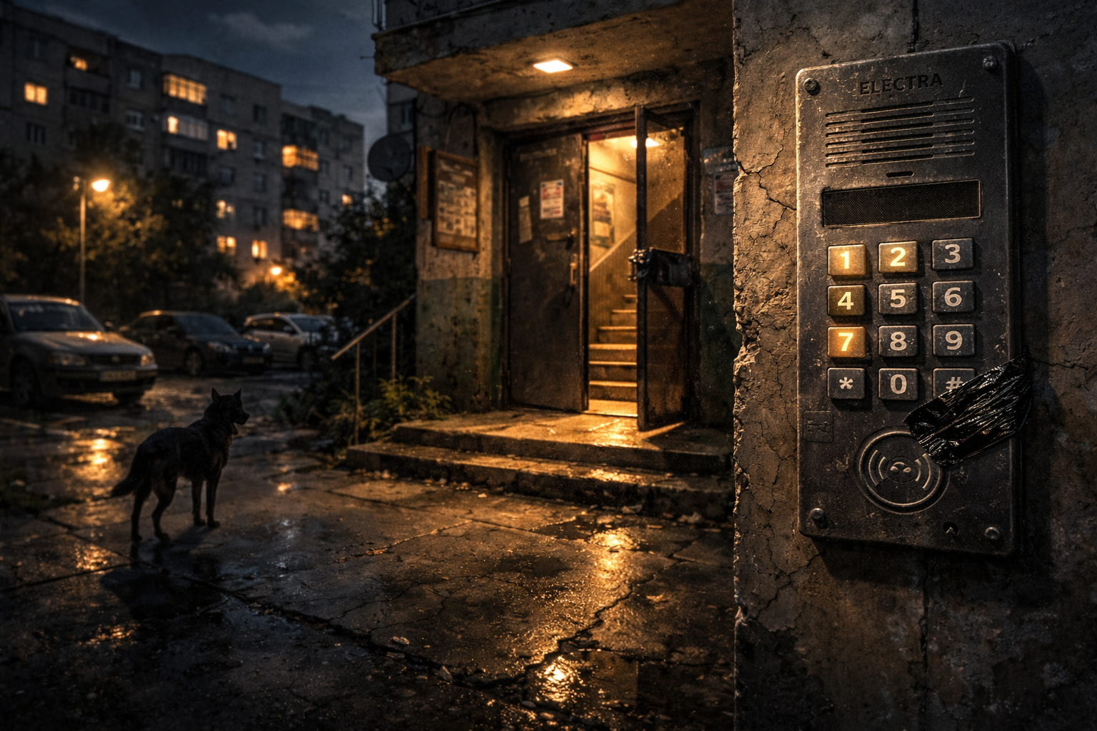 Interfon pe un bloc vechi din Giurgiu, noapte, tastele 1 2 7 iluminate, intrare de bloc comunist și câine comunitar în parcare