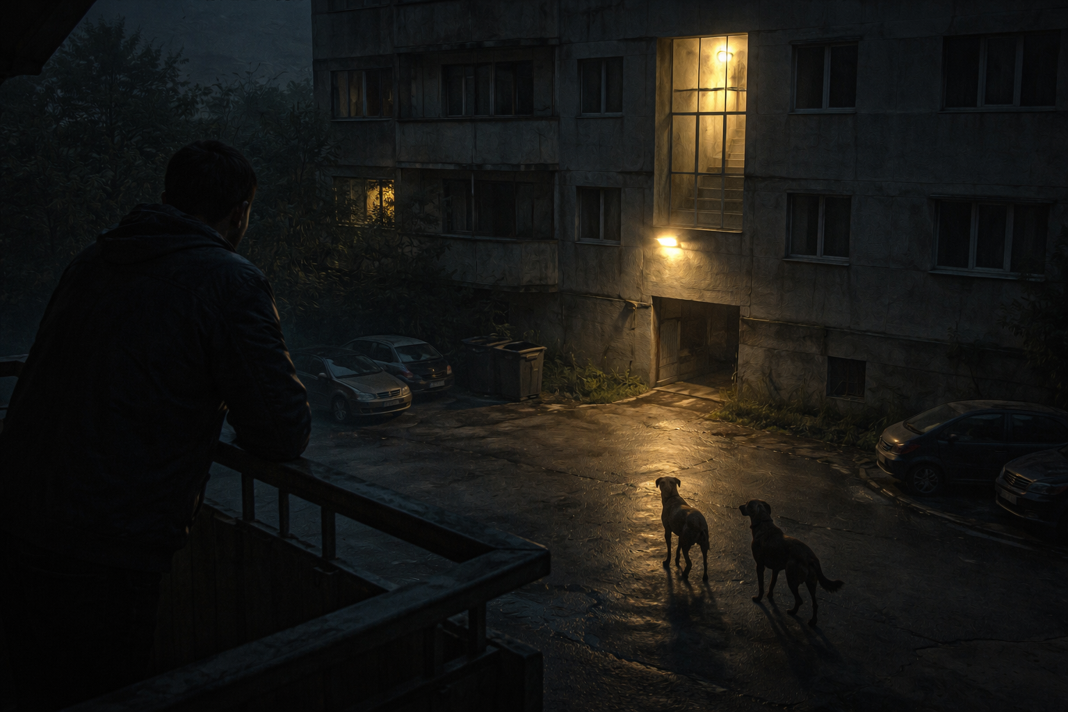 Siluetă pe balcon, noaptea, în Cartierul Tineretului din Giurgiu, cu câini comunitari privind spre o alee întunecată lângă un bloc comunist.
