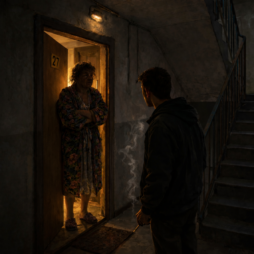 Ilustrație cinematică din interiorul unei scări de bloc din Giurgiu, cu Tanti Mariana în ușa apartamentului 27 și Costel pe palier