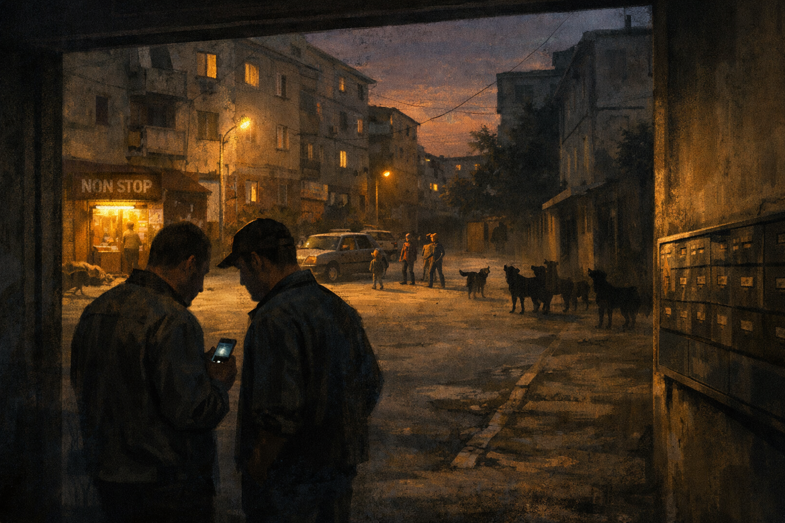 Doi bărbați privesc un telefon vechi în fața unui bloc din Giurgiu, noaptea, într-o atmosferă urbană tensionată