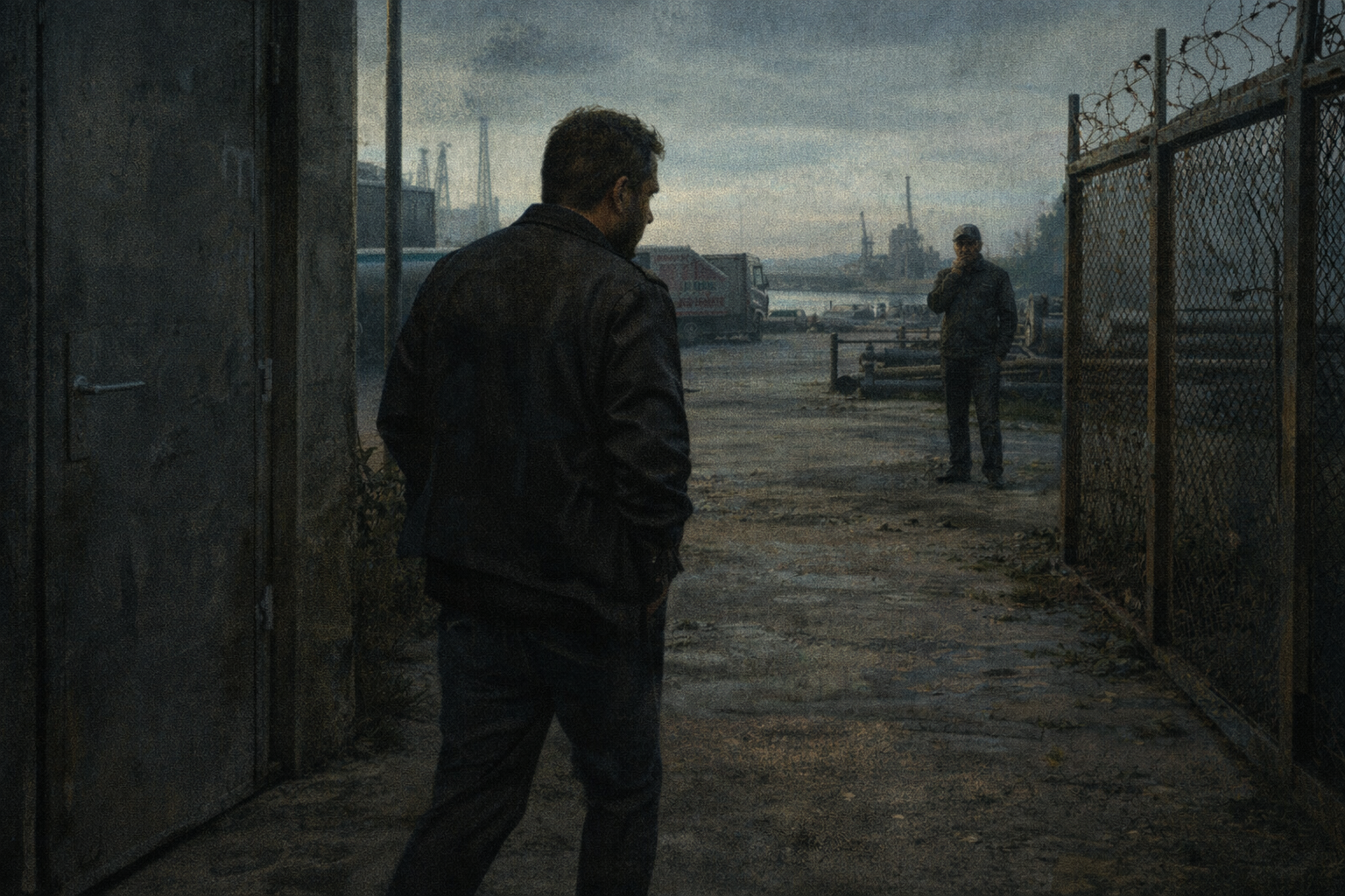 Un bărbat se îndepărtează de o ușă metalică într-o zonă industrială din Portul Giurgiu, sub privirea unui necunoscut