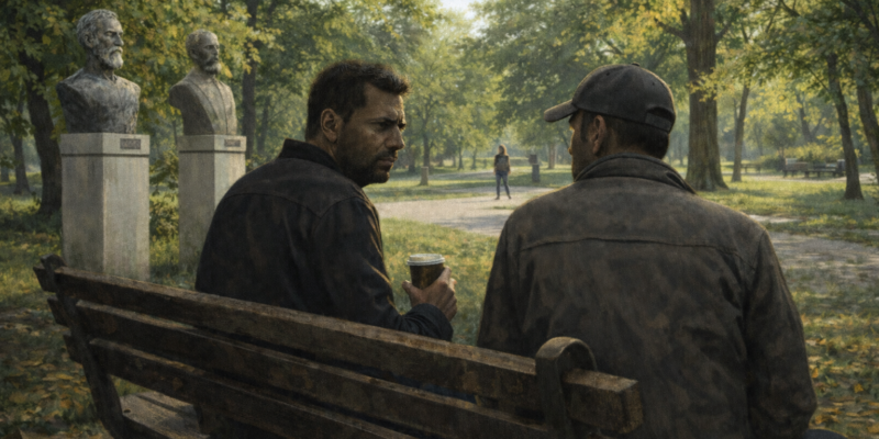 Doi bărbați stau pe o bancă în Parcul Alei din Giurgiu, lângă două busturi de statui, într-o discuție tensionată