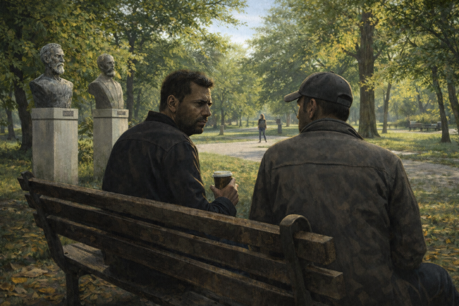 Doi bărbați stau pe o bancă în Parcul Alei din Giurgiu, lângă două busturi de statui, într-o discuție tensionată