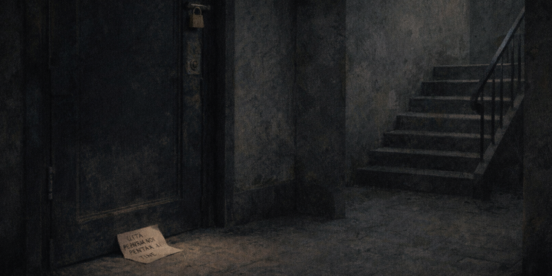 Un bilet cu mesajul „UITĂ. NU PENTRU NOI. PENTRU TINE.” lăsat sub o ușă pe casa scării unui bloc vechi