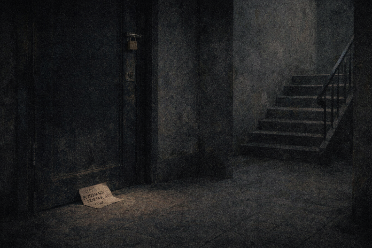 Un bilet cu mesajul „UITĂ. NU PENTRU NOI. PENTRU TINE.” lăsat sub o ușă pe casa scării unui bloc vechi