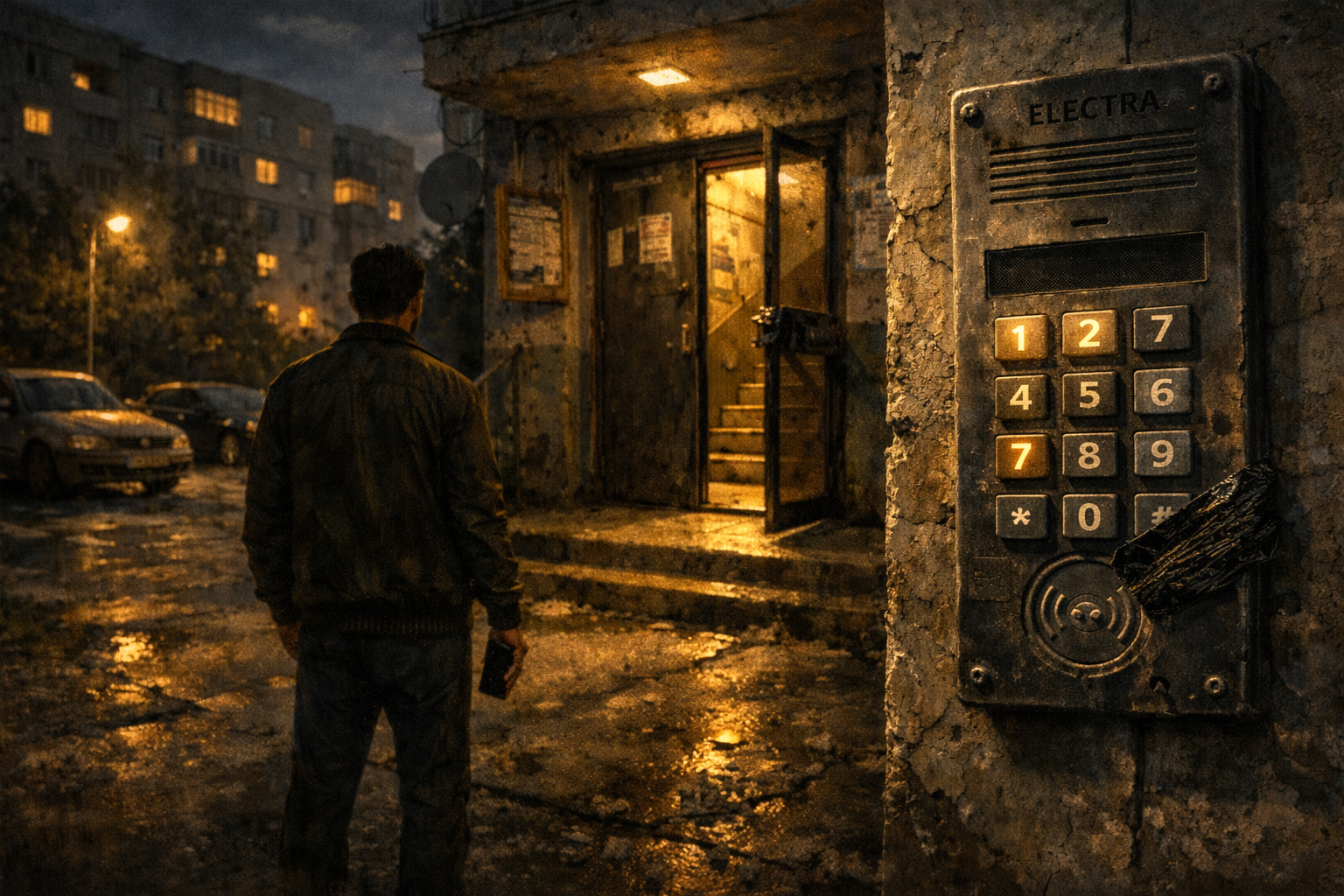 Intrarea unui bloc comunist din Giurgiu noaptea, cu interfon vechi luminat și un bărbat în fața scării, în episodul 9 Apartamentul 27 din seria Nopțile din Giurgiu